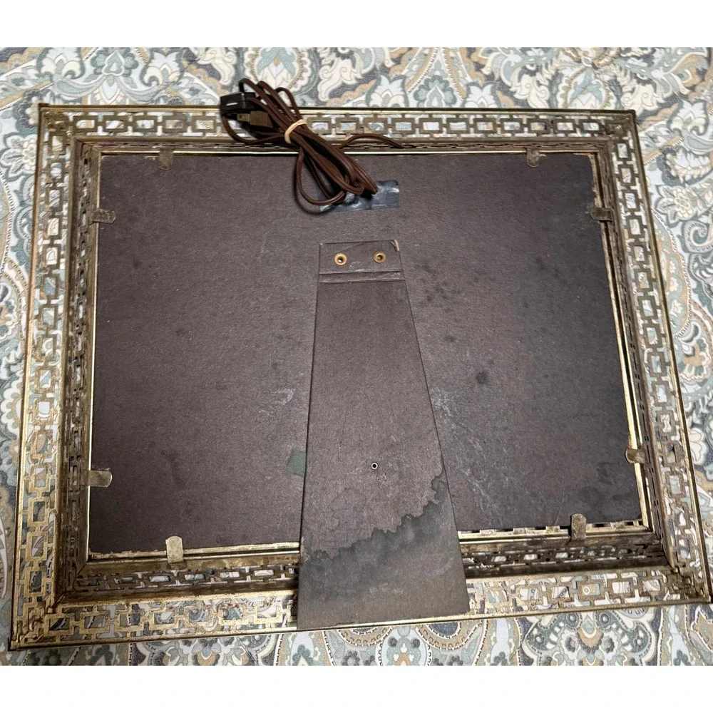 Lenticular 60s  Lighted Deer Picture Frame Ornate Metal Fretwork Woodland‎ 19x15